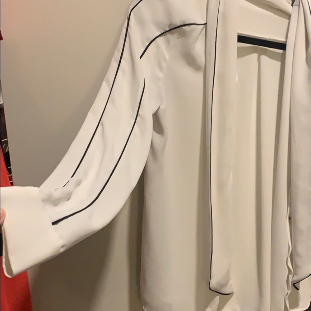 Zara white button down blouse with black piping